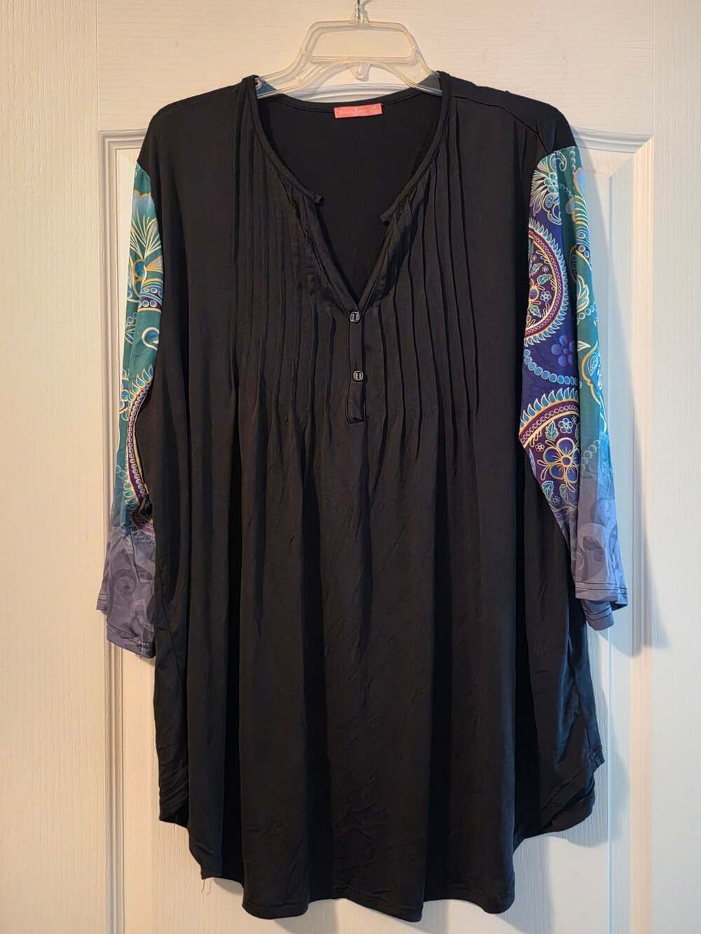 Simply Aster Tunic Top Size 4X Black Blue Paisley Print Sleeves